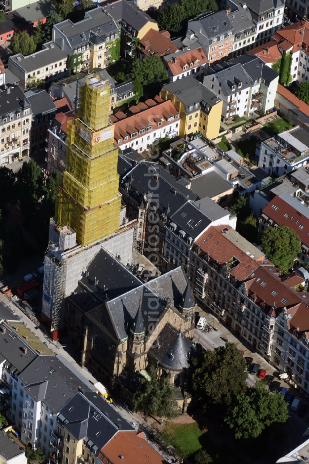 Aerial image Dresden - Framework for restoration at the church spire of church building Martin-Luther-Kirche in Dresden in the state Saxony