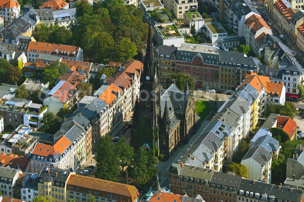 Aerial photograph Dresden - Church tower of the Martin Luther Church in Dresden in the federal state of Saxony