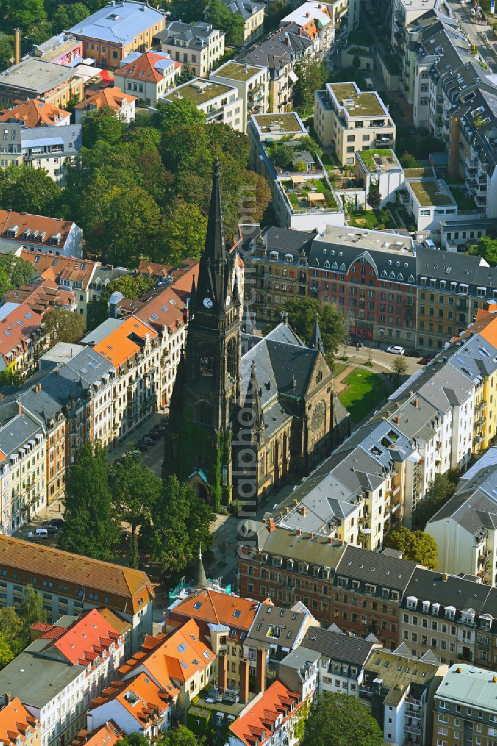 Dresden from above - Church tower of the Martin Luther Church in Dresden in the federal state of Saxony