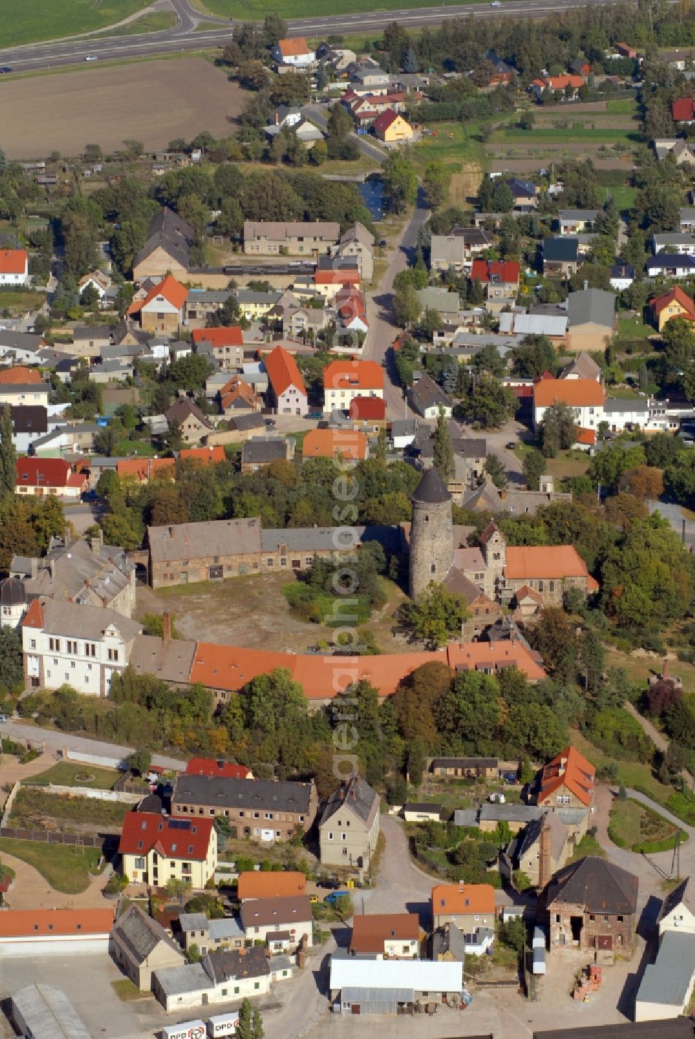 Hohenthurm from above - Church building Martin-Luther-Kirche in Hohenthurm in the state Saxony-Anhalt, Germany