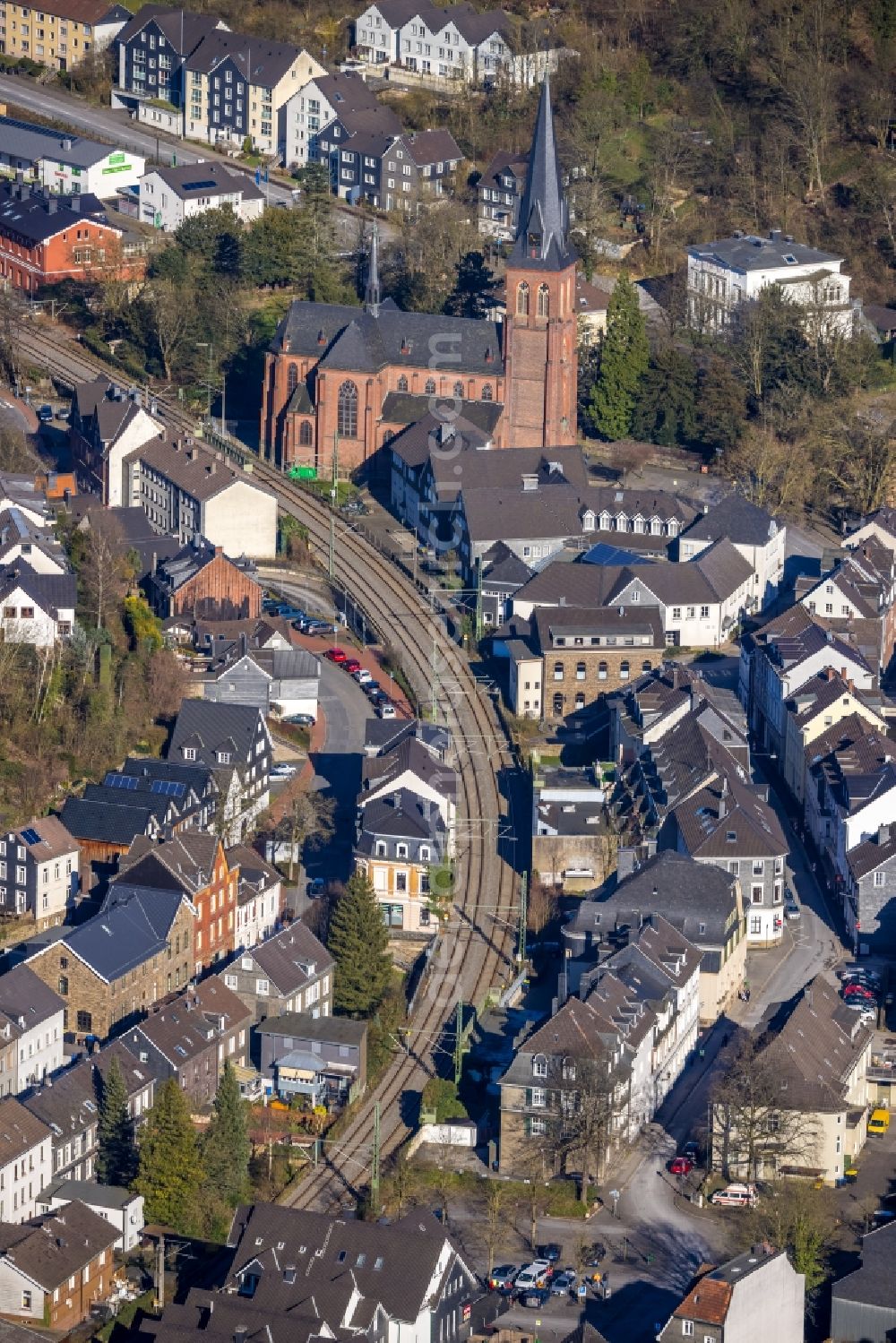 Velbert from above - Church building of St. Michael and die Alte Kirche in Velbert in the state North Rhine-Westphalia, Germany