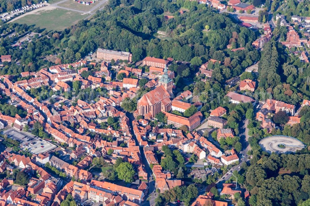 Aerial image Lüneburg - Church building in St. Michaeliskirche Old Town- center of downtown in Lueneburg in the state Lower Saxony, Germany