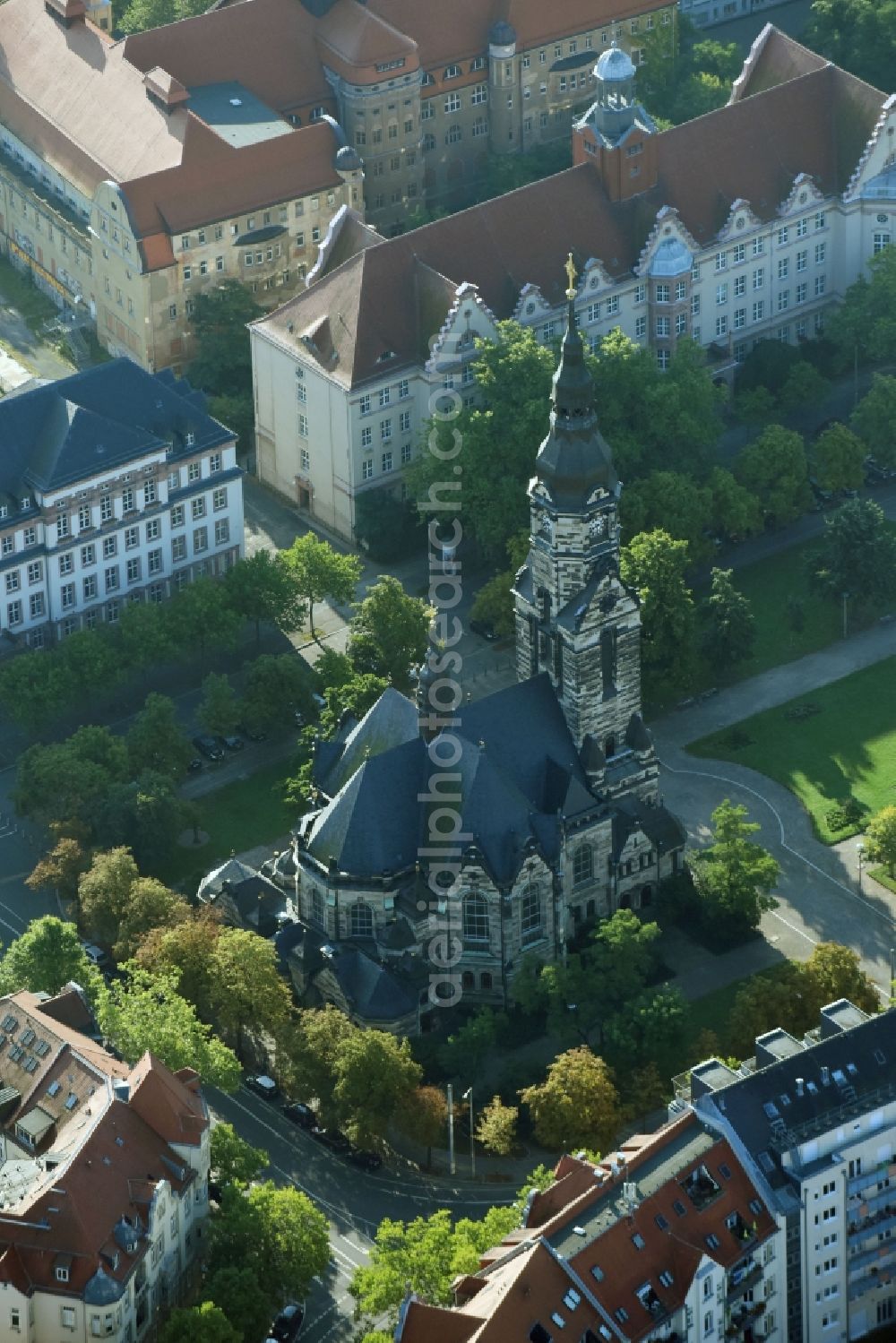 Leipzig from above - Church building Michaeliskirche on Nordplatz in Leipzig in the state Saxony, Germany