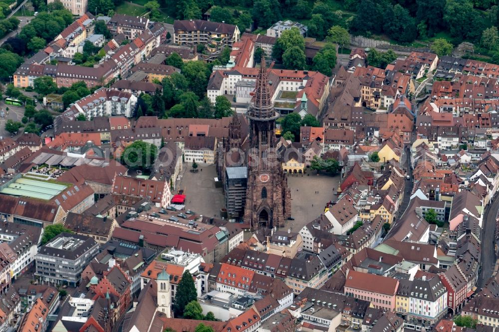 Freiburg im Breisgau from above - Church building in Muensterkirche Old Town- center of downtown in Freiburg im Breisgau in the state Baden-Wuerttemberg, Germany