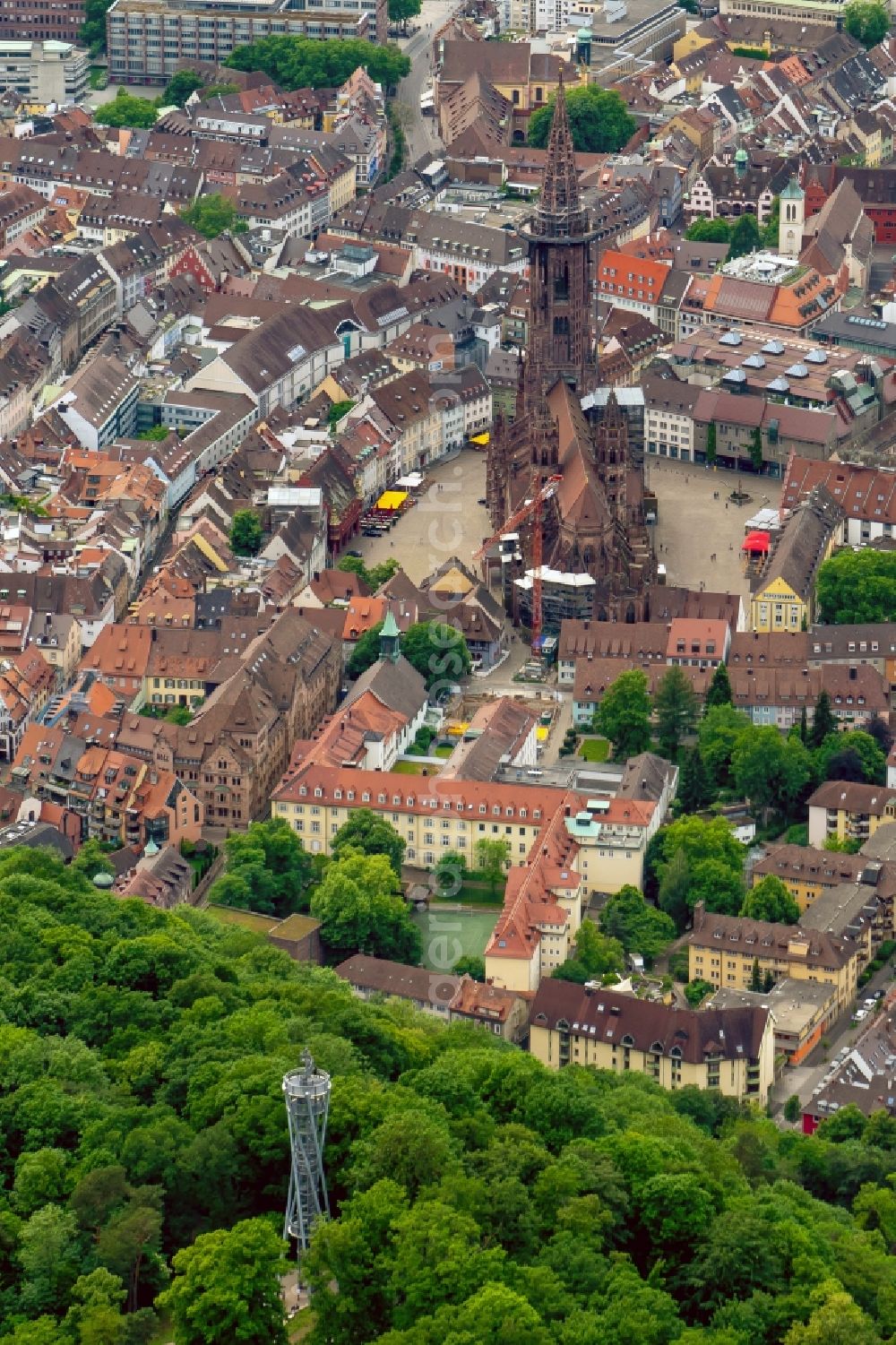 Freiburg im Breisgau from the bird's eye view: Church building in Muensterkirche Old Town- center of downtown in Freiburg im Breisgau in the state Baden-Wuerttemberg, Germany