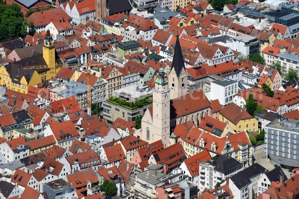 Ingolstadt from the bird's eye view: Church building in St. Moritz on Moritzstrasse Old Town- center of downtown in Ingolstadt in the state Bavaria, Germany