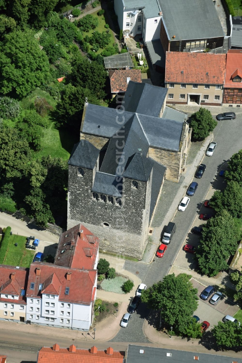 Halberstadt from above - Church building St. Moritzkirche am Moritzplan in Halberstadt in the state Saxony-Anhalt