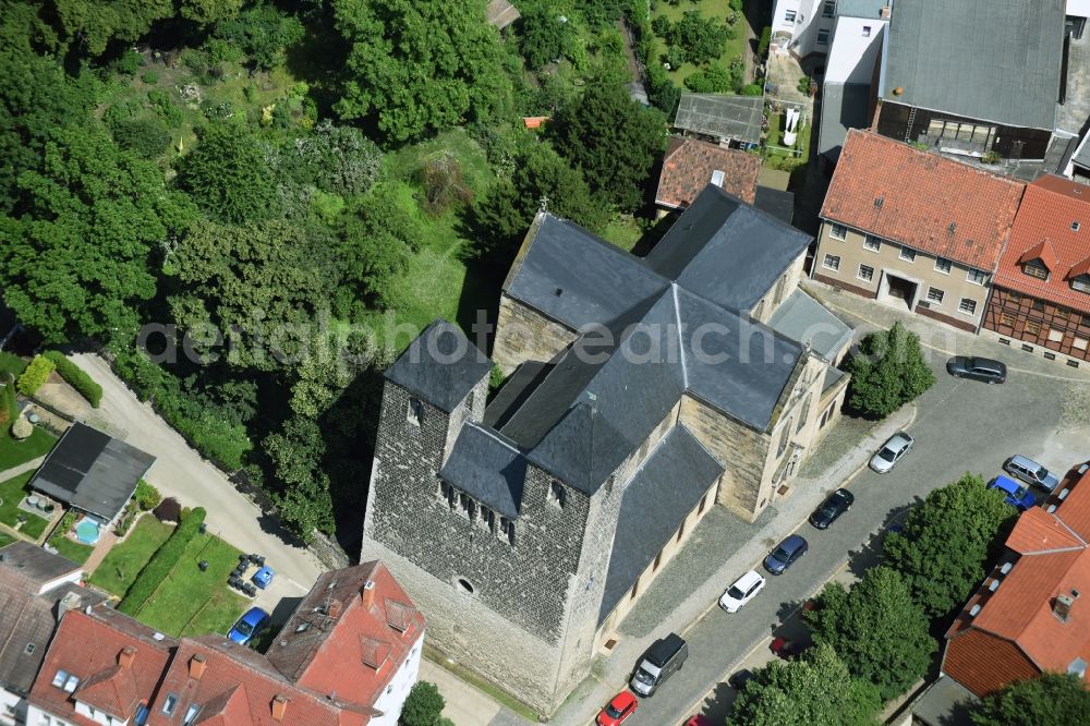 Aerial image Halberstadt - Church building St. Moritzkirche am Moritzplan in Halberstadt in the state Saxony-Anhalt