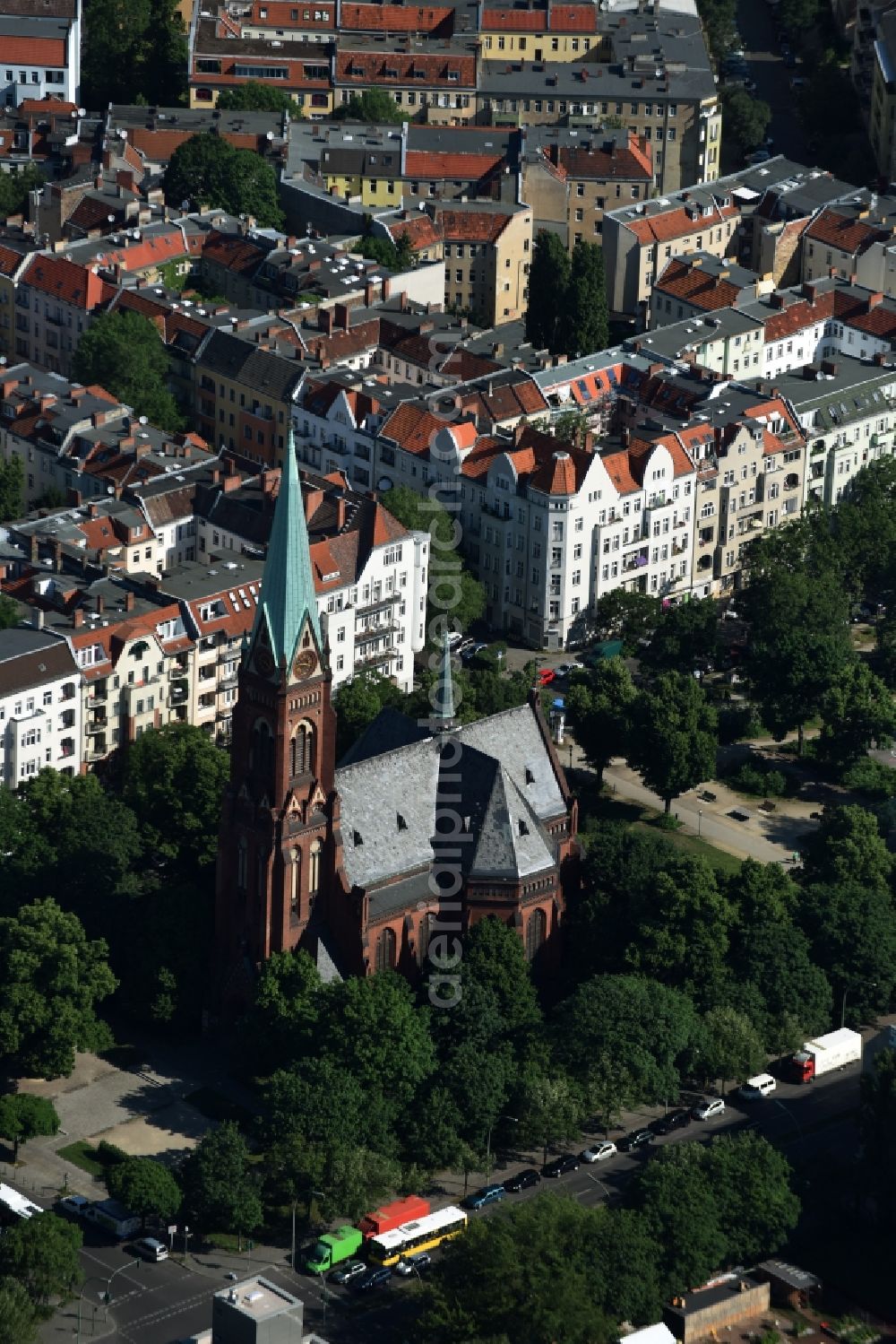 Berlin from above - Church building Nazarethkirche on Turiner Strasse Corner Nazarethkirchstrasse in Berlin