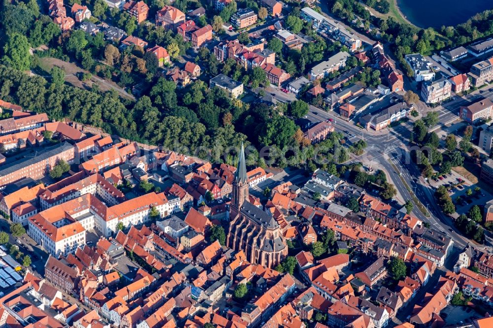 Lüneburg from above - Church building in St. Nicolai in Old Town- center of downtown in Lueneburg in the state Lower Saxony, Germany