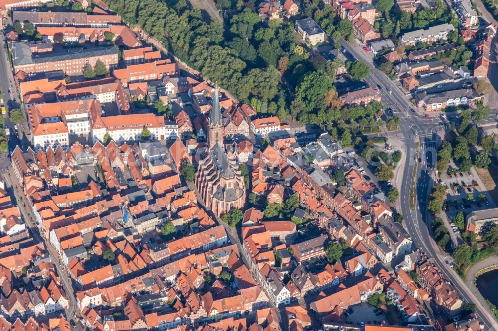 Aerial image Lüneburg - Church building in St. Nicolai in Old Town- center of downtown in Lueneburg in the state Lower Saxony, Germany