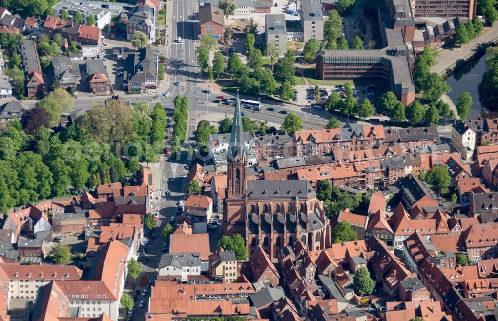 Aerial image Lüneburg - Church building in St. Nicolai on street Luener Strasse at Old Town- center of downtown in Lueneburg in the state Lower Saxony, Germany