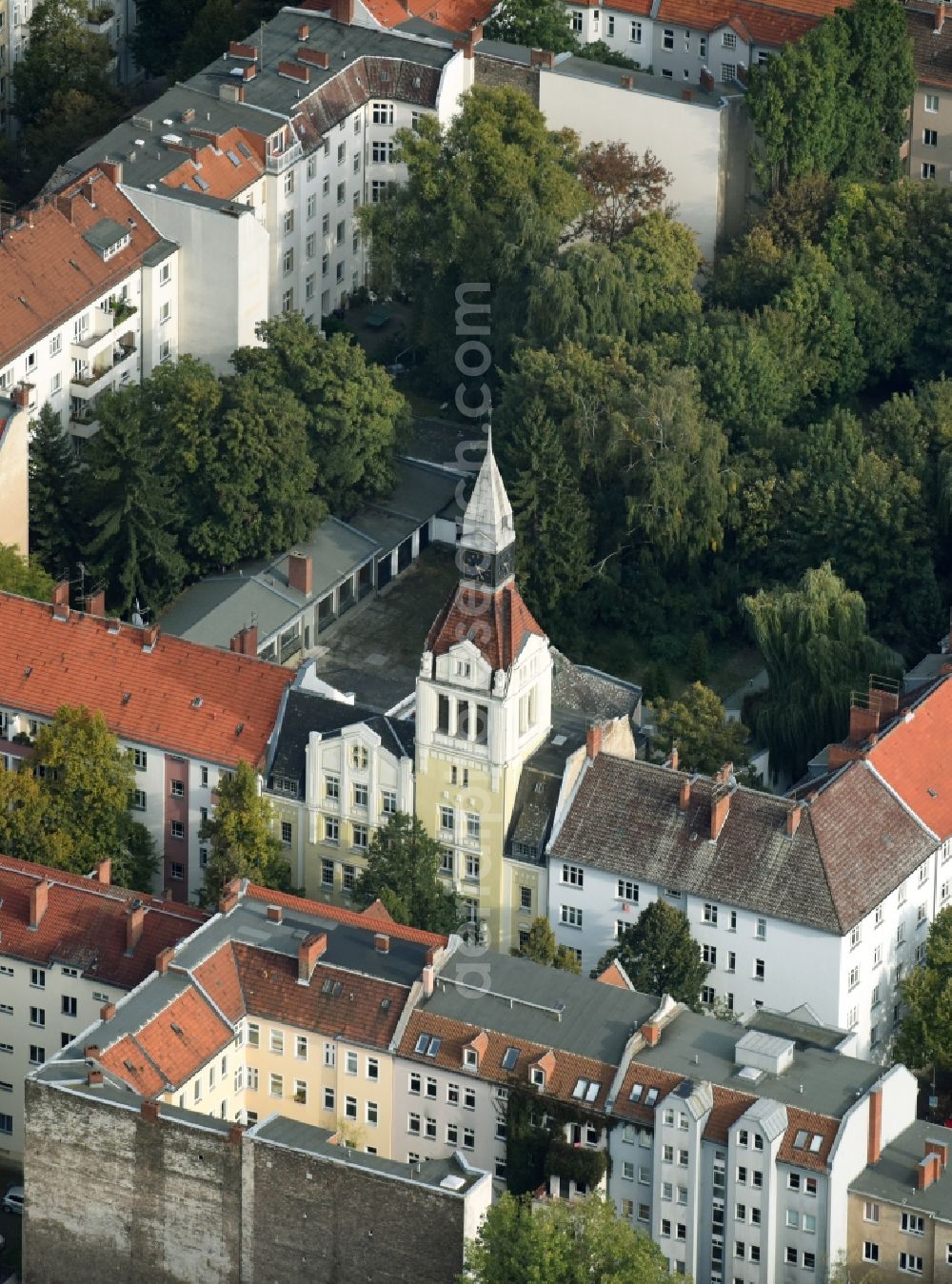 Berlin from above - Church building Nikodemus Kirche on Nansenstrasse destrict Neukoelln in Berlin