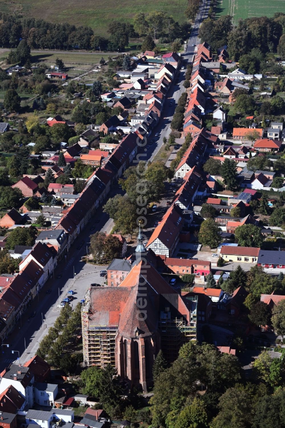 Bad Wilsnack from above - Church building in St. Nikolai - Wunderblutkirche Old Town- center of downtown in Bad Wilsnack in the state Brandenburg, Germany