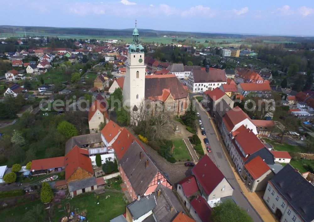 Bad Schmiedeberg from above - Church building Nikolaikirche on Kirchplatz in Bad Schmiedeberg in the state Saxony-Anhalt, Germany