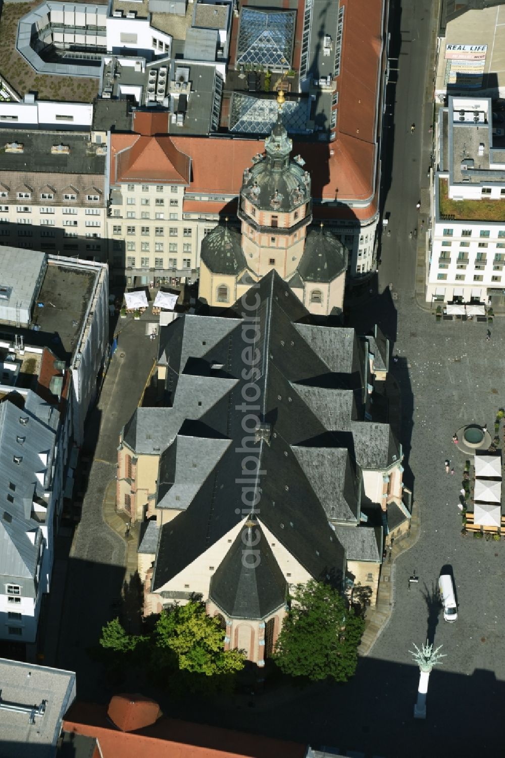 Leipzig from the bird's eye view: Church building in Nikolaikirche on Nikolaikirchhof Old Town- center of downtown in Leipzig in the state Saxony