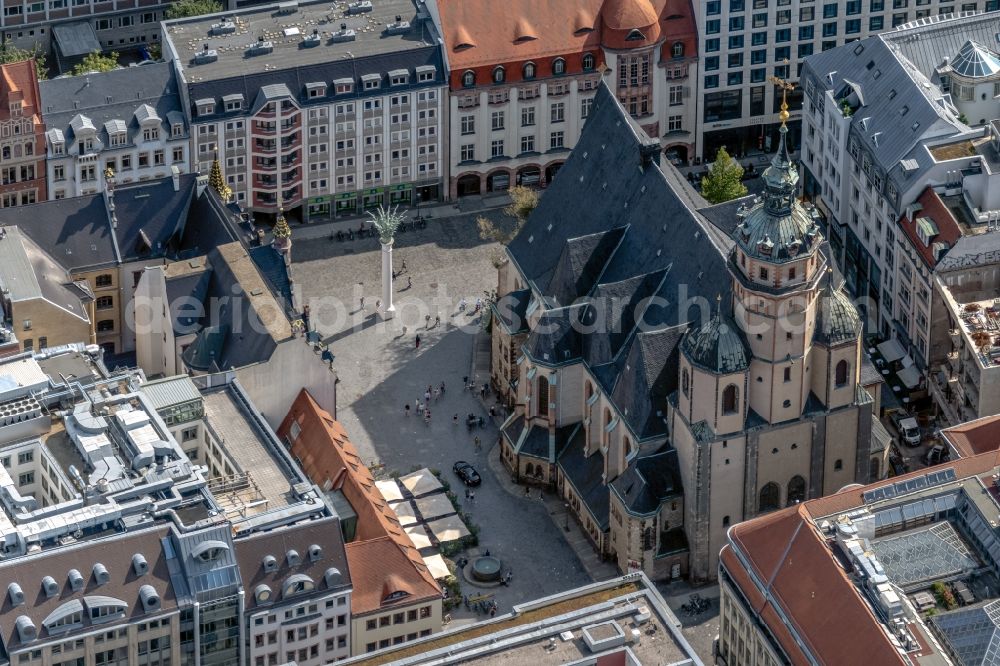 Leipzig from above - Church building in Nikolaikirche on Nikolaikirchhof Old Town- center of downtown in Leipzig in the state Saxony