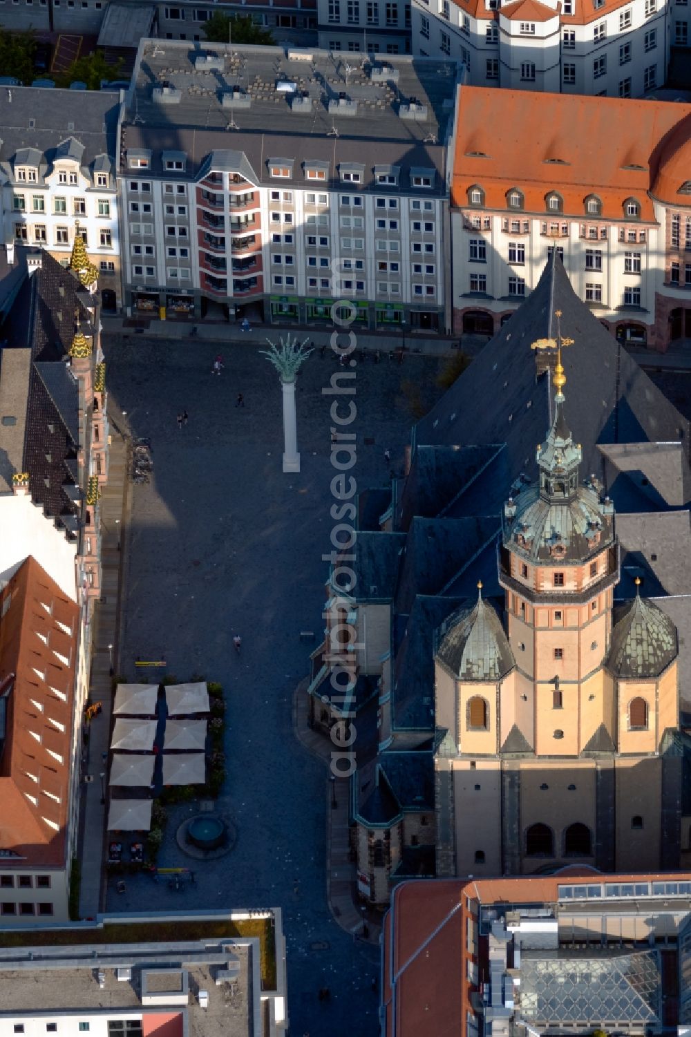 Leipzig from the bird's eye view: Church building in Nikolaikirche on Nikolaikirchhof Old Town- center of downtown in Leipzig in the state Saxony