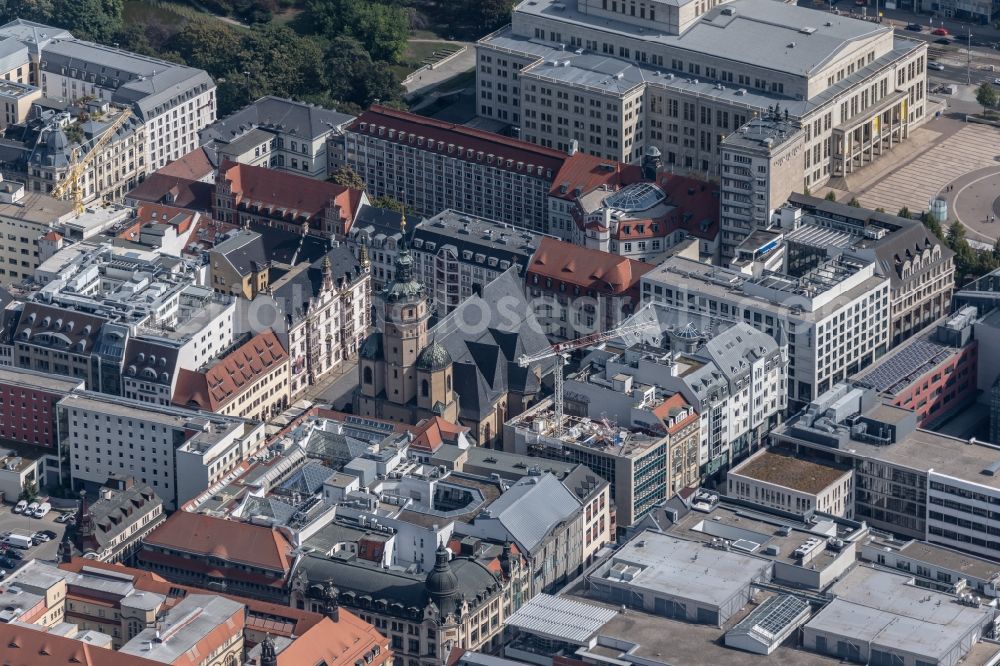 Leipzig from above - Church building in Nikolaikirche on Nikolaikirchhof Old Town- center of downtown in the district Zentrum in Leipzig in the state Saxony