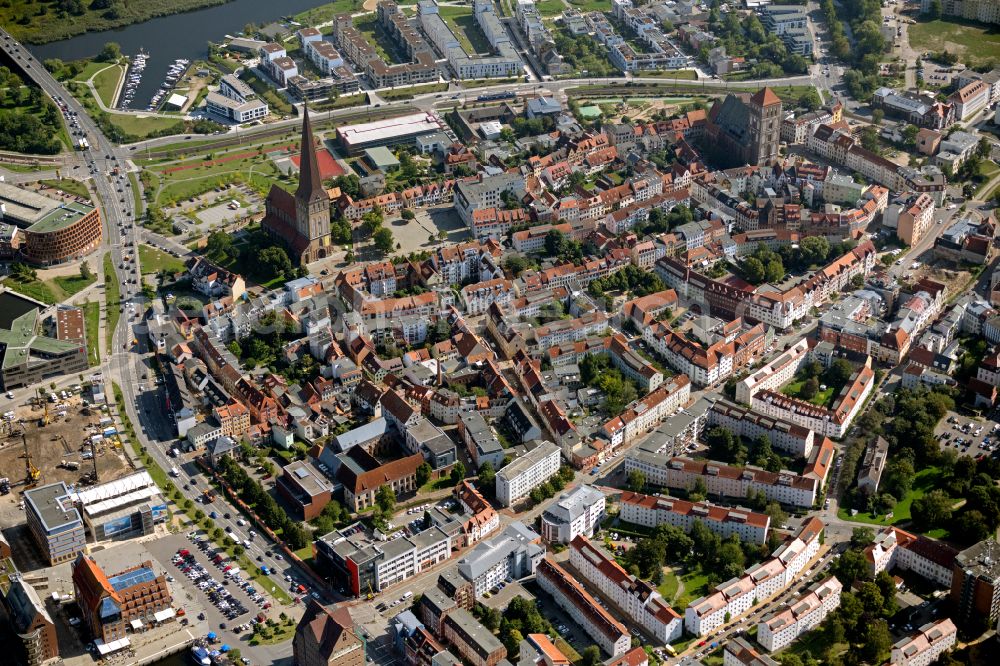 Rostock from above - Church building in Nikolaikirche and St. Petri Old Town- center of downtown in Rostock in the state Mecklenburg - Western Pomerania, Germany