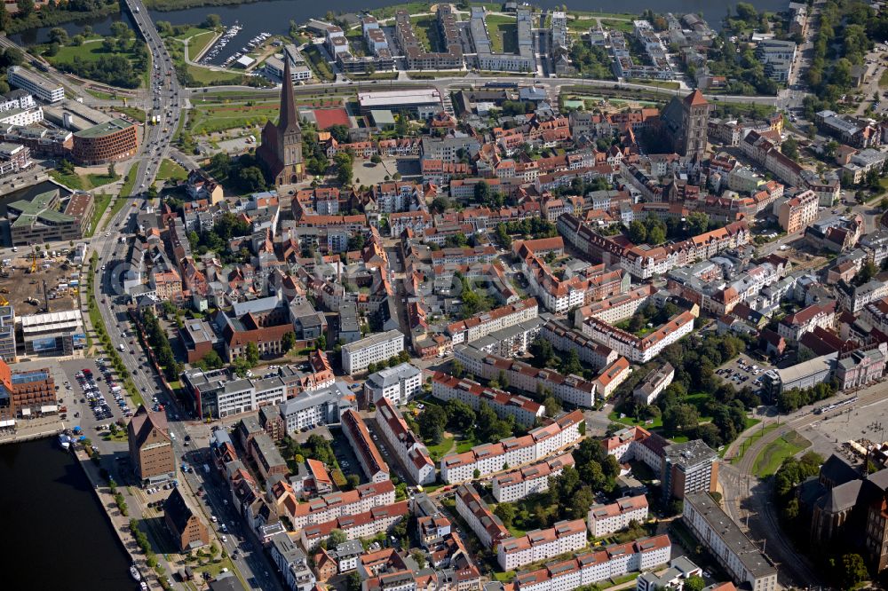 Rostock from the bird's eye view: Church building in Nikolaikirche and St. Petri Old Town- center of downtown in Rostock in the state Mecklenburg - Western Pomerania, Germany