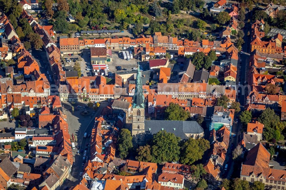 Aerial image Quedlinburg - Church building of St. Nikolaikirche on Neustaedter Kirchhof in Quedlinburg in the state Saxony-Anhalt, Germany