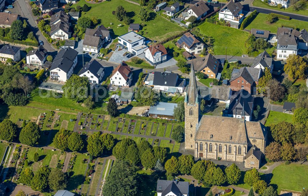 Grevenbrück from above - Church building St. Nikolaus on street Twiene in Grevenbrueck in the state North Rhine-Westphalia, Germany