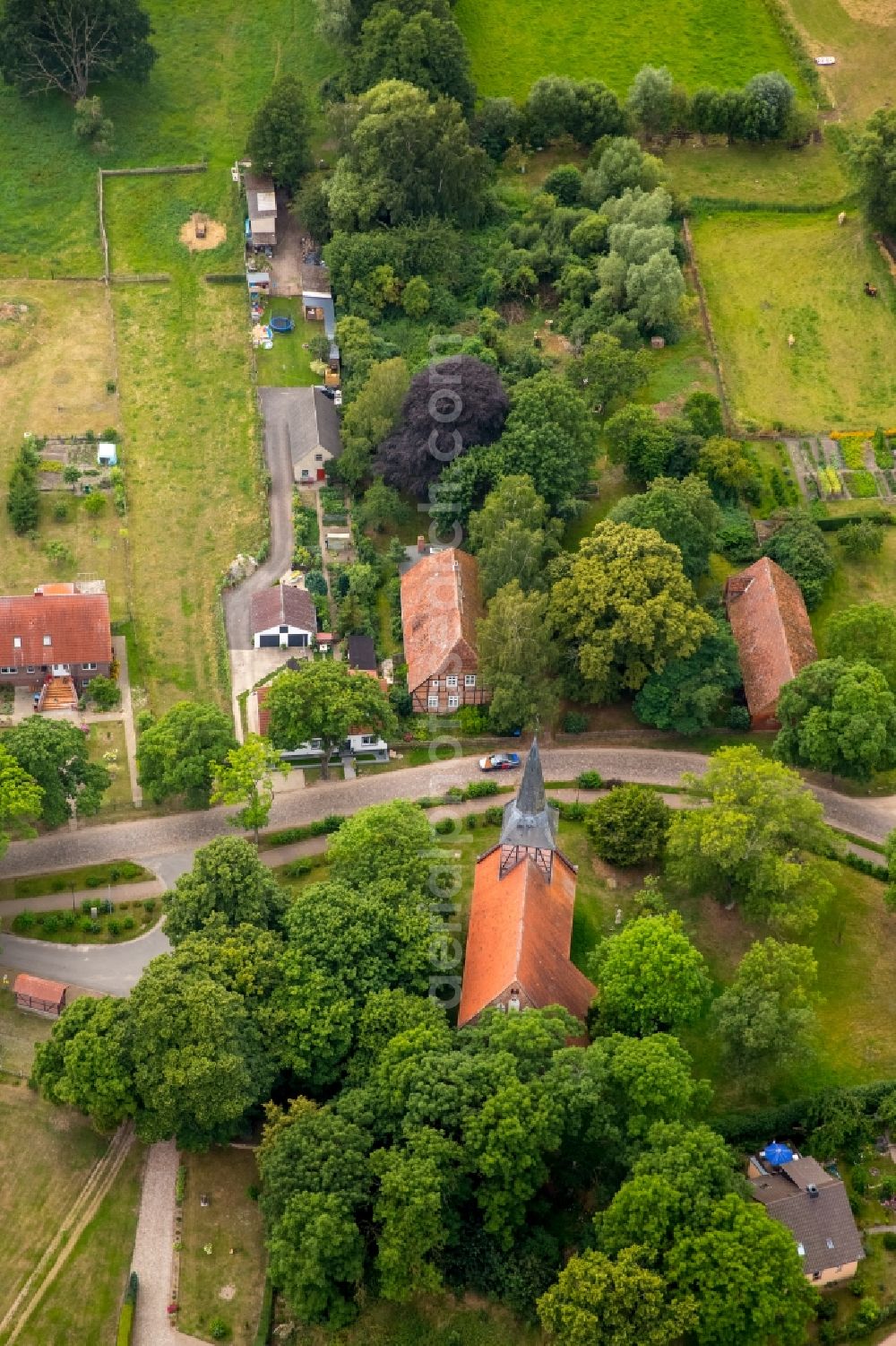 Vipperow from above - Church building in the village of Vipperow in the state Mecklenburg - Western Pomerania