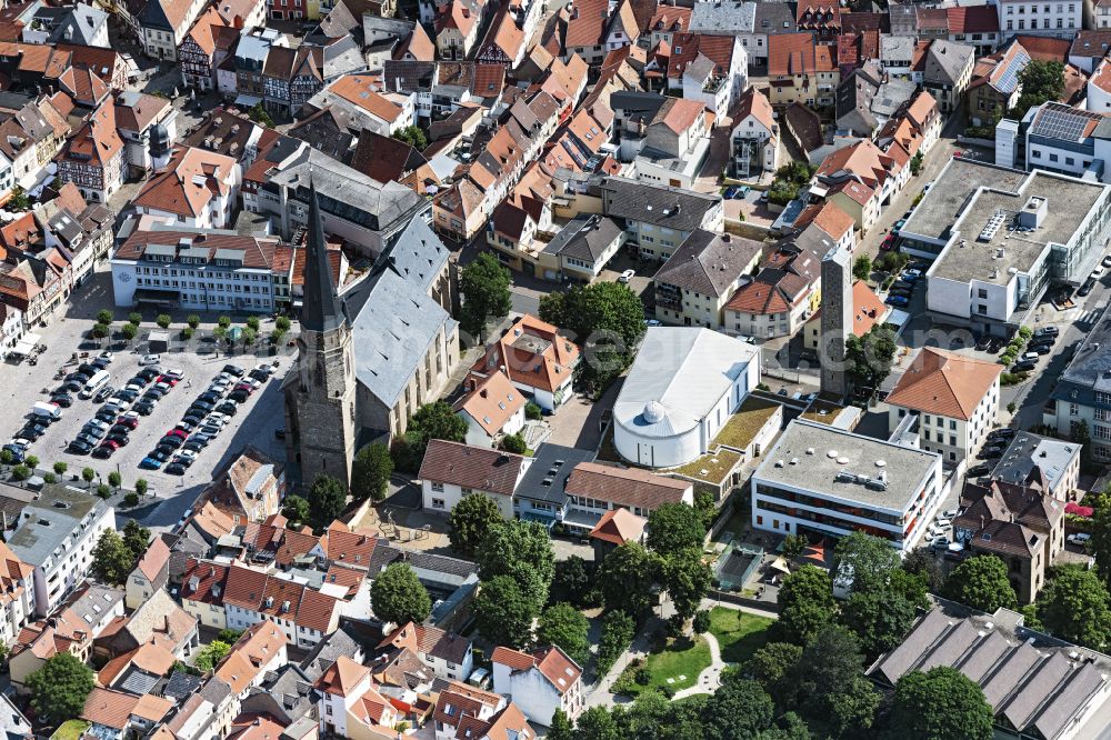 Alzey from above - Church building in the village of in Alzey in the state Rhineland-Palatinate, Germany