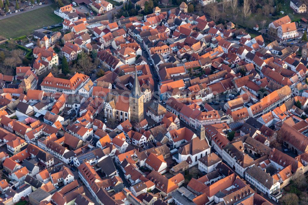 Freinsheim from above - Church building in the village of on street Pfarrgasse in Freinsheim in the state Rhineland-Palatinate, Germany