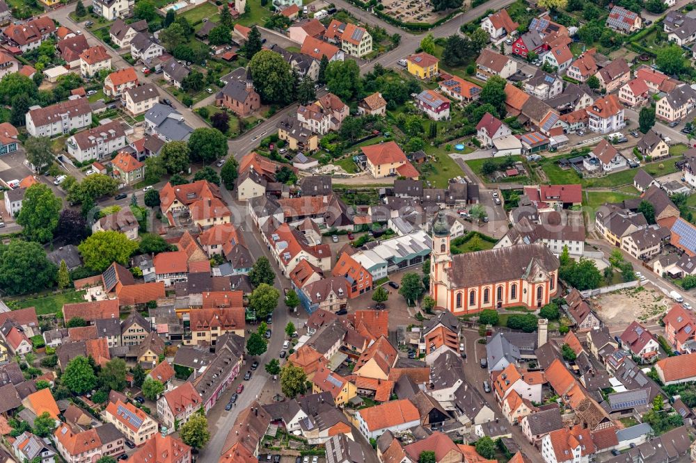 Riegel am Kaiserstuhl from above - Church building in the village of in Riegel am Kaiserstuhl in the state Baden-Wuerttemberg, Germany