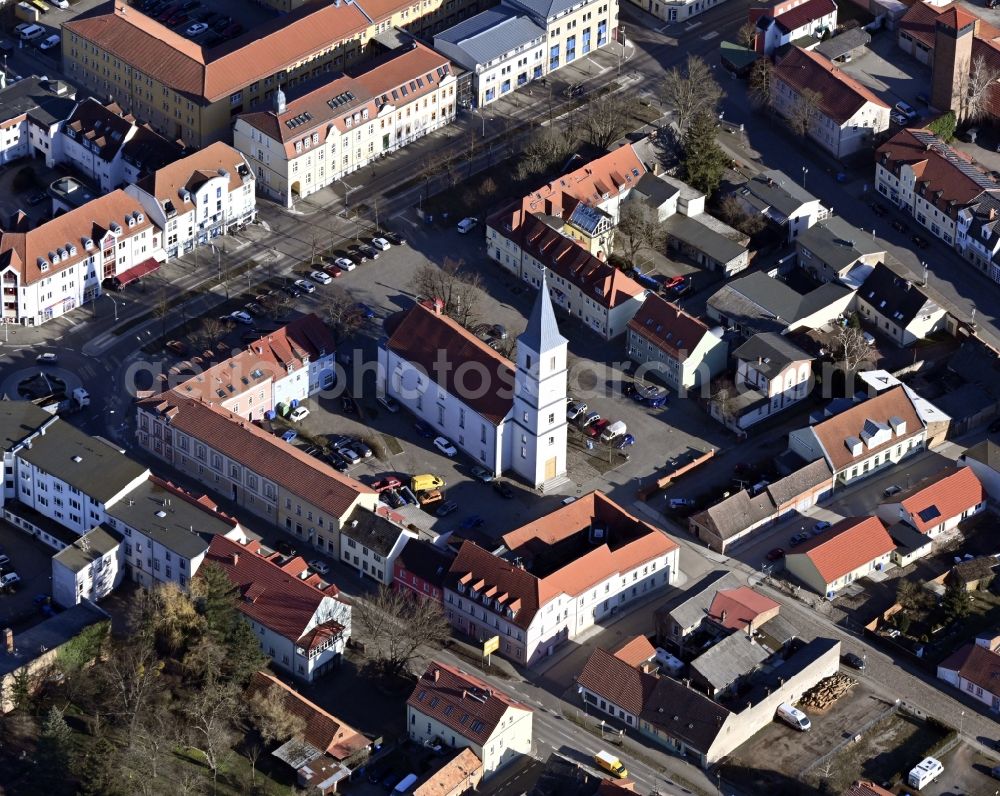 Aerial image Seelow - Church building on place Puschkinplatz in the village of in Seelow in the state Brandenburg, Germany