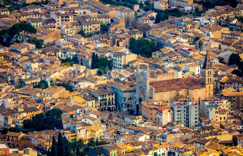 Aerial image Soller - Church building St. Bartholomaeus on Plaza ConstituciA?n in the village of in Soller in Balearic Islands, Spain