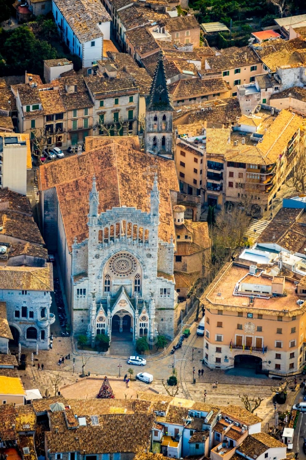 Soller from above - Church building St. Bartholomaeus on Plaza ConstituciA?n in the village of in Soller in Balearic Islands, Spain