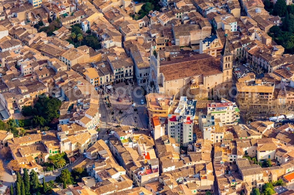 Aerial image Soller - Church building St. Bartholomaeus on Plaza ConstituciA?n in the village of in Soller in Balearic Islands, Spain