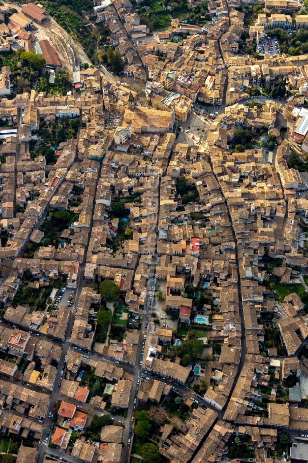 Soller from the bird's eye view: Church building St. Bartholomaeus on Plaza ConstituciA?n in the village of in Soller in Balearic Islands, Spain