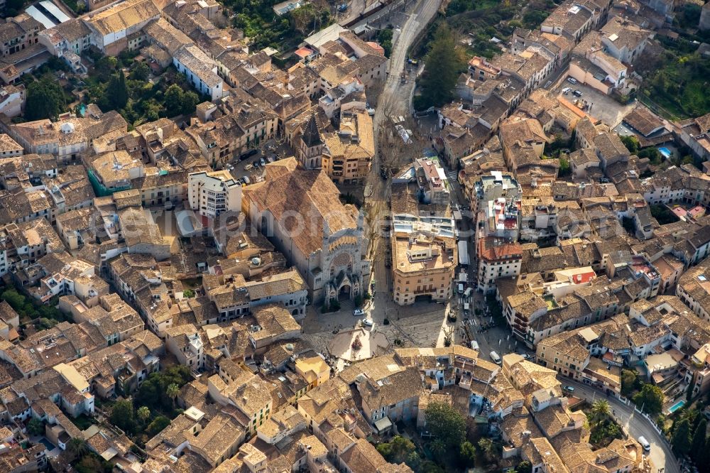 Aerial image Soller - Church building St. Bartholomaeus on Plaza ConstituciA?n in the village of in Soller in Balearic Islands, Spain