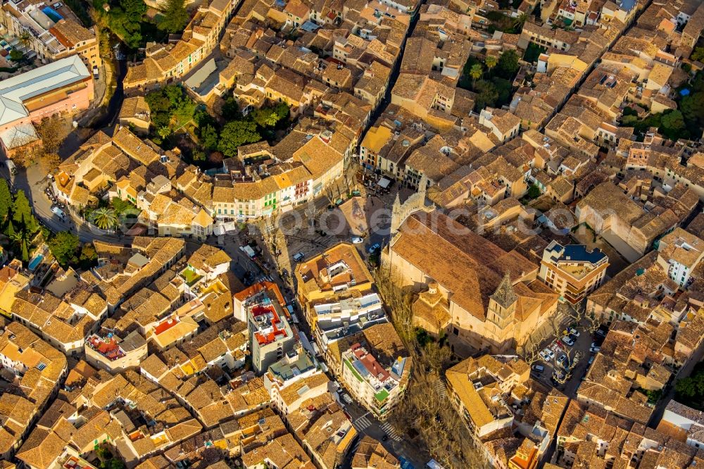 Soller from above - Church building St. Bartholomaeus on Plaza ConstituciA?n in the village of in Soller in Balearic Islands, Spain