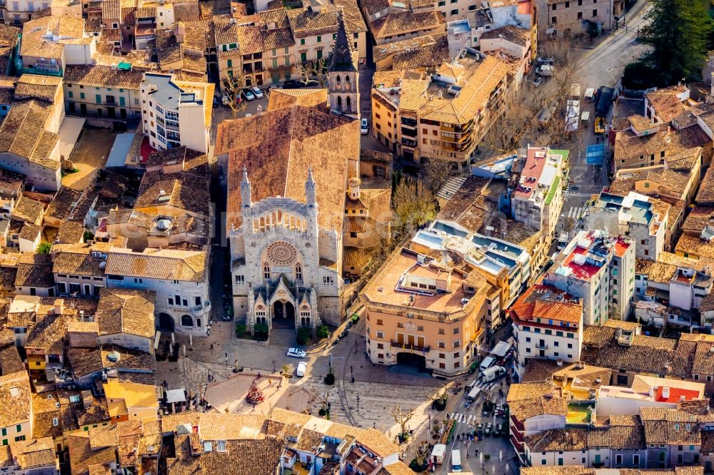 Aerial image Soller - Church building St. Bartholomaeus on Plaza ConstituciA?n in the village of in Soller in Balearic Islands, Spain