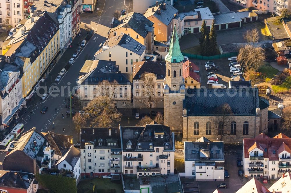 Hagen from above - Church building in the district Haspe in Hagen in the state North Rhine-Westphalia, Germany