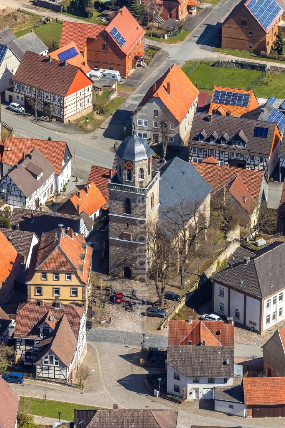 Aerial image Diemelstadt - Church building in the district Rhoden in Diemelstadt in the state Hesse, Germany