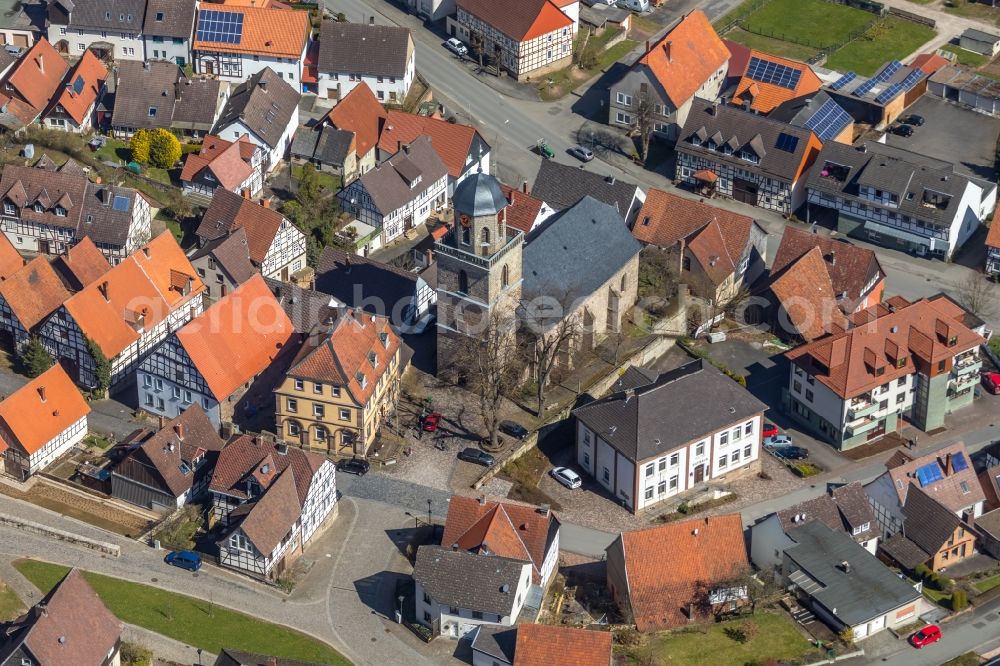 Aerial photograph Diemelstadt - Church building in the district Rhoden in Diemelstadt in the state Hesse, Germany