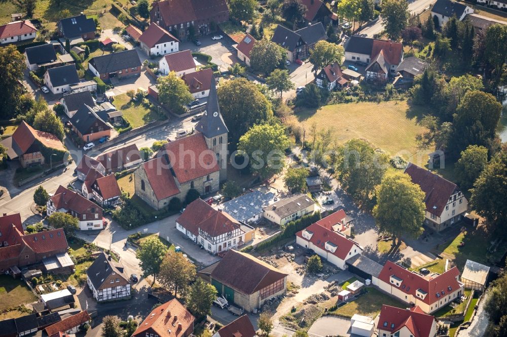 Bad Sassendorf from above - Church building St. Pantaleon on Teichstrasse in the district Lohne in Bad Sassendorf in the state North Rhine-Westphalia, Germany