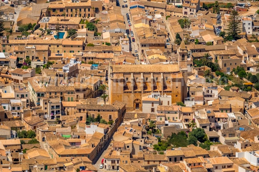 Aerial image Santanyi - Church building ParrA?quia de Sant Andreu in the village of in Santanyi in Balearische Insel Mallorca, Spain