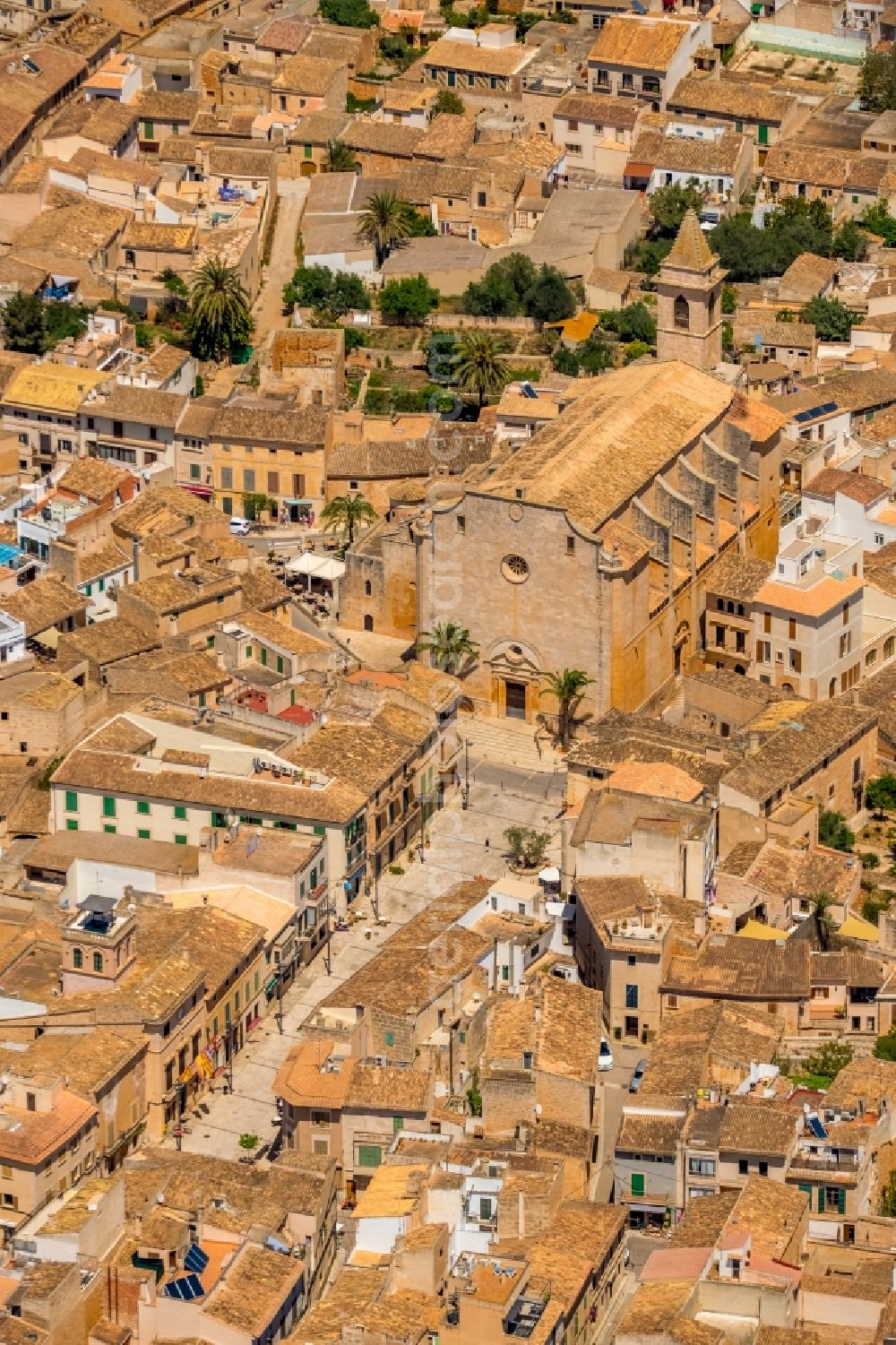 Santanyi from above - Church building ParrA?quia de Sant Andreu in the village of in Santanyi in Balearische Insel Mallorca, Spain