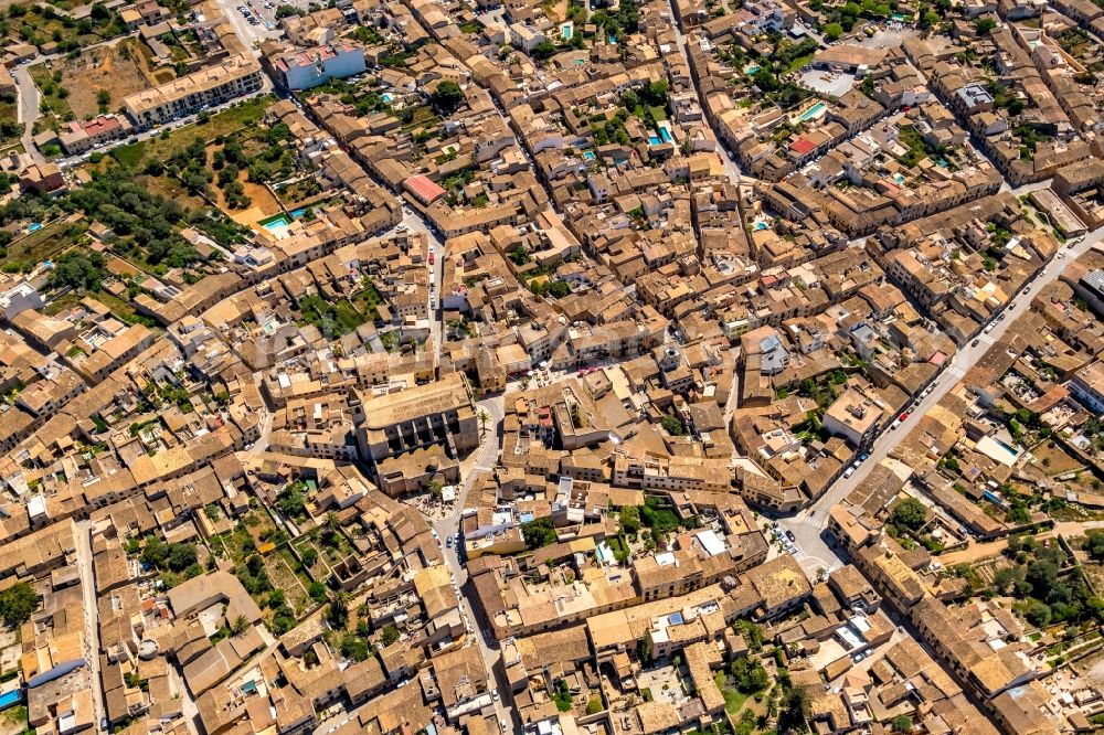 Aerial image Santanyi - Church building ParrA?quia de Sant Andreu in the village of in Santanyi in Balearische Insel Mallorca, Spain