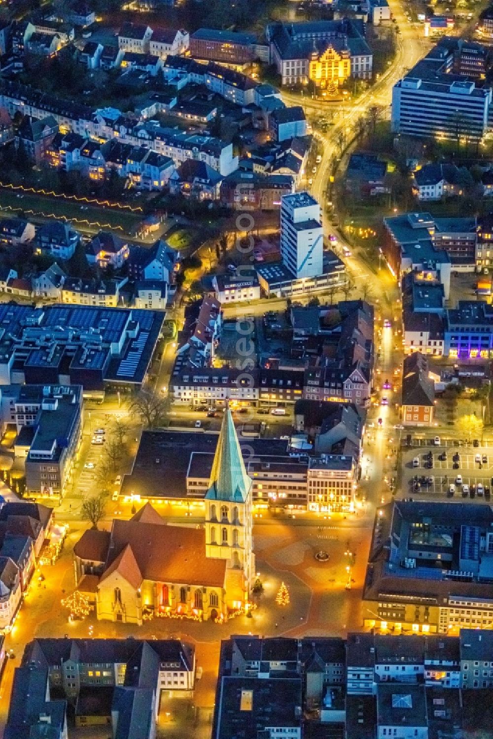 Aerial image Hamm - Church building Pauluskirche on Marktplatz in Hamm in the state North Rhine-Westphalia, Germany