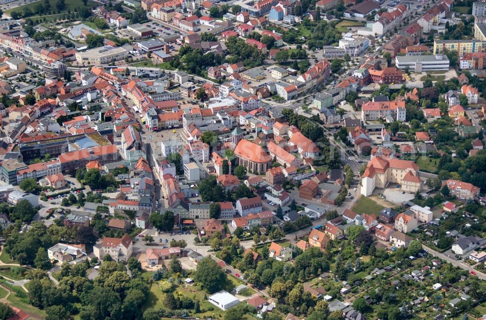 Senftenberg from above - Church building in St. Peter und Paul Old Town- center of downtown in Senftenberg in the state Brandenburg. The Church belongs to the Evangelical parish of Senftenberg and Hoerlitz