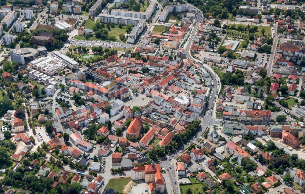 Aerial image Senftenberg - Church building in St. Peter und Paul Old Town- center of downtown in Senftenberg in the state Brandenburg. The Church belongs to the Evangelical parish of Senftenberg and Hoerlitz