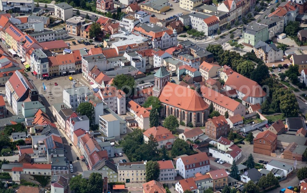 Aerial image Senftenberg - Church building in St. Peter und Paul Old Town- center of downtown in Senftenberg in the state Brandenburg. The Church belongs to the Evangelical parish of Senftenberg and Hoerlitz